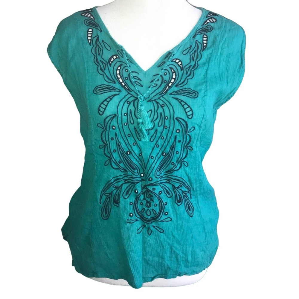 LUCKY BRAND GREEN BOHO EMBROIDERED PEASANT BLOUSE MEDIUM